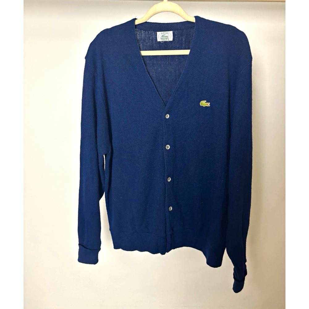 Izod 1980s Lacoste Vintage Mens L Blue V-Neck Button Front Knit Acrylic Cardigan